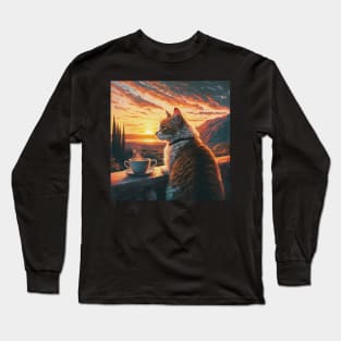 funny cat watching sunset with coffee, funny cats and coffee, cats lover Long Sleeve T-Shirt